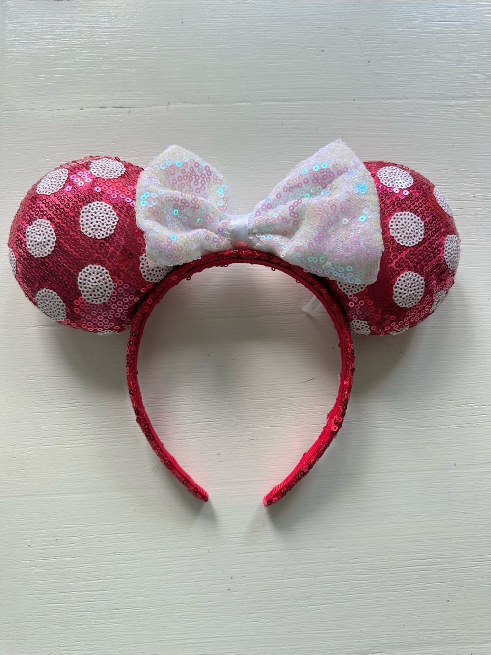 Disney Pink Sequin Polka Dot Minnie Ears Headband with White Bow